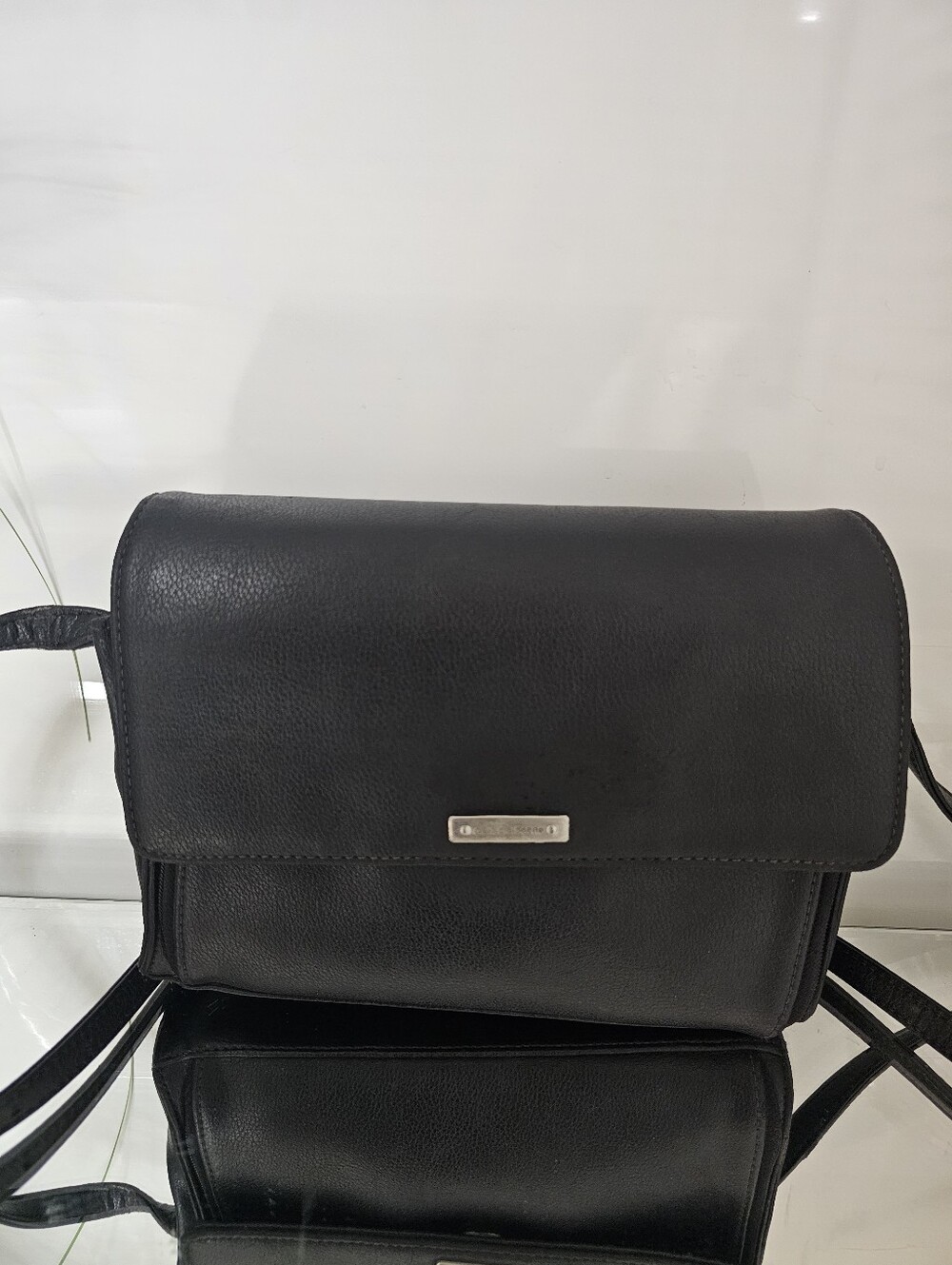 Liz Claiborne Black Leather Messenger Bag with Silver Accent